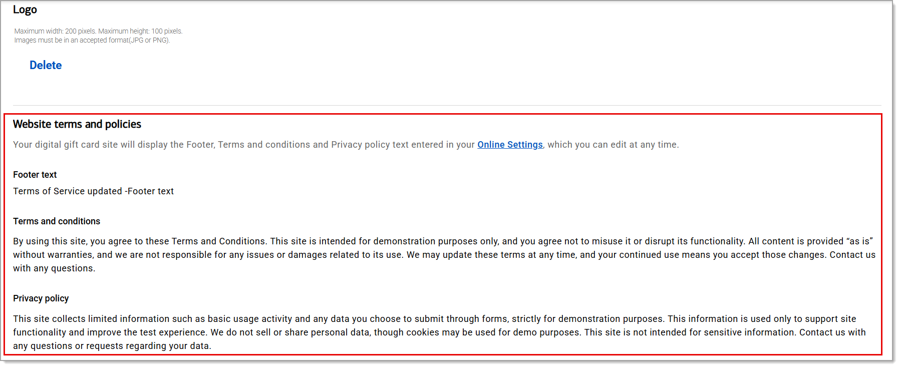 website terms and policies content