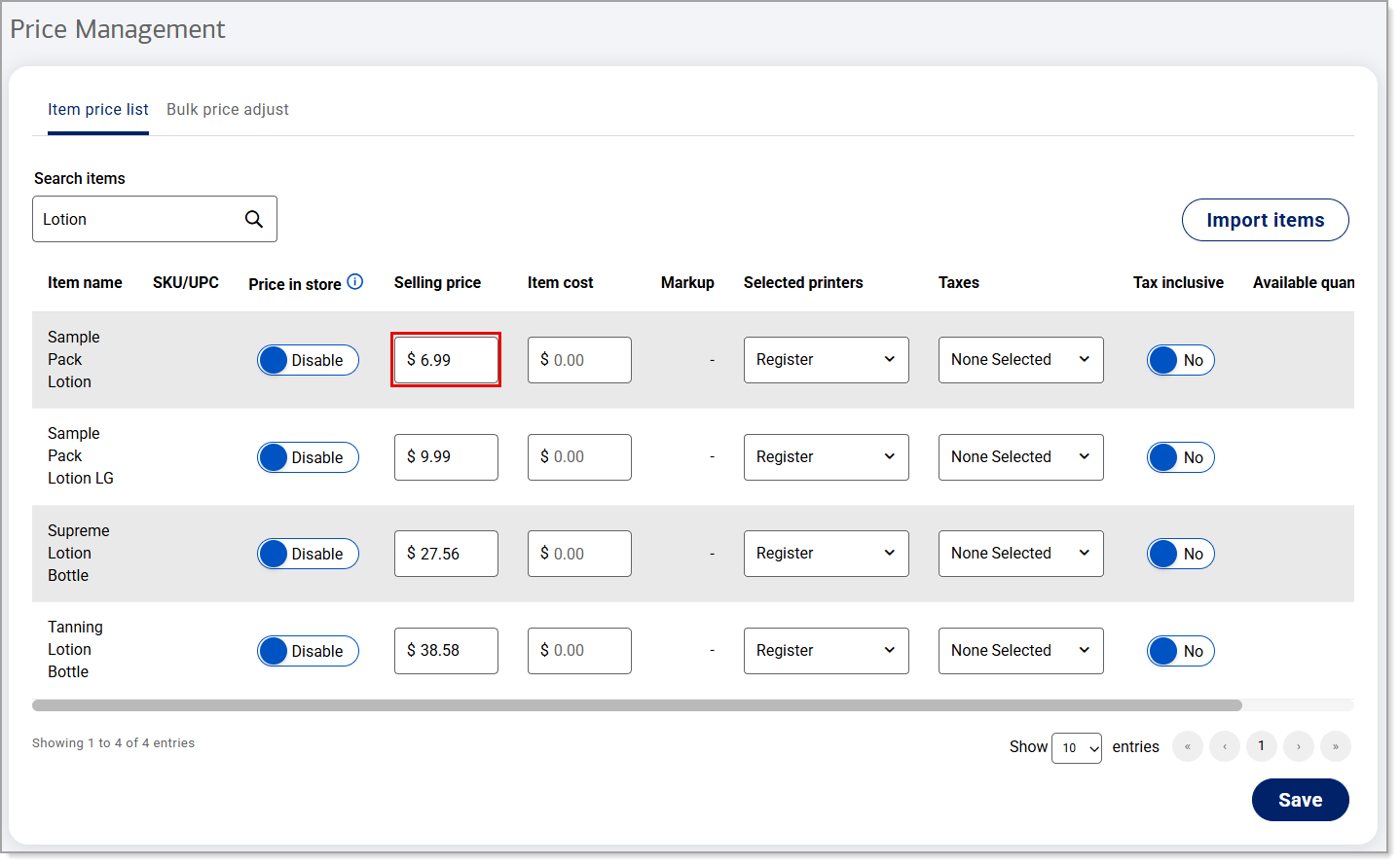 Price Adjust item price field