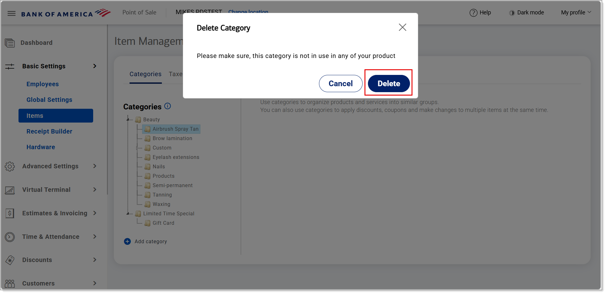Delete category confirmation pop-up
