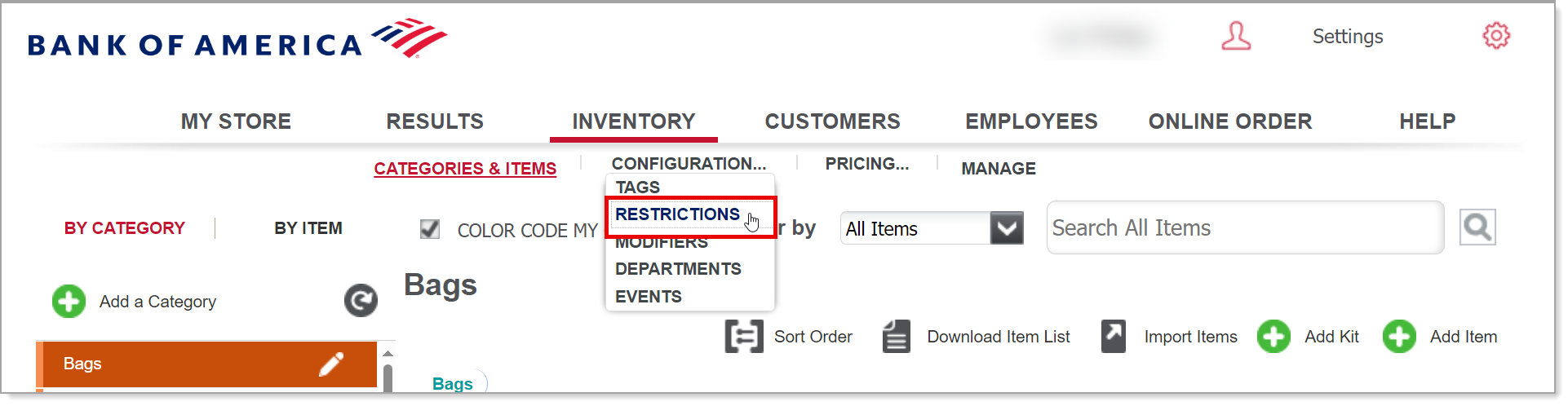 select configuration of restrictions