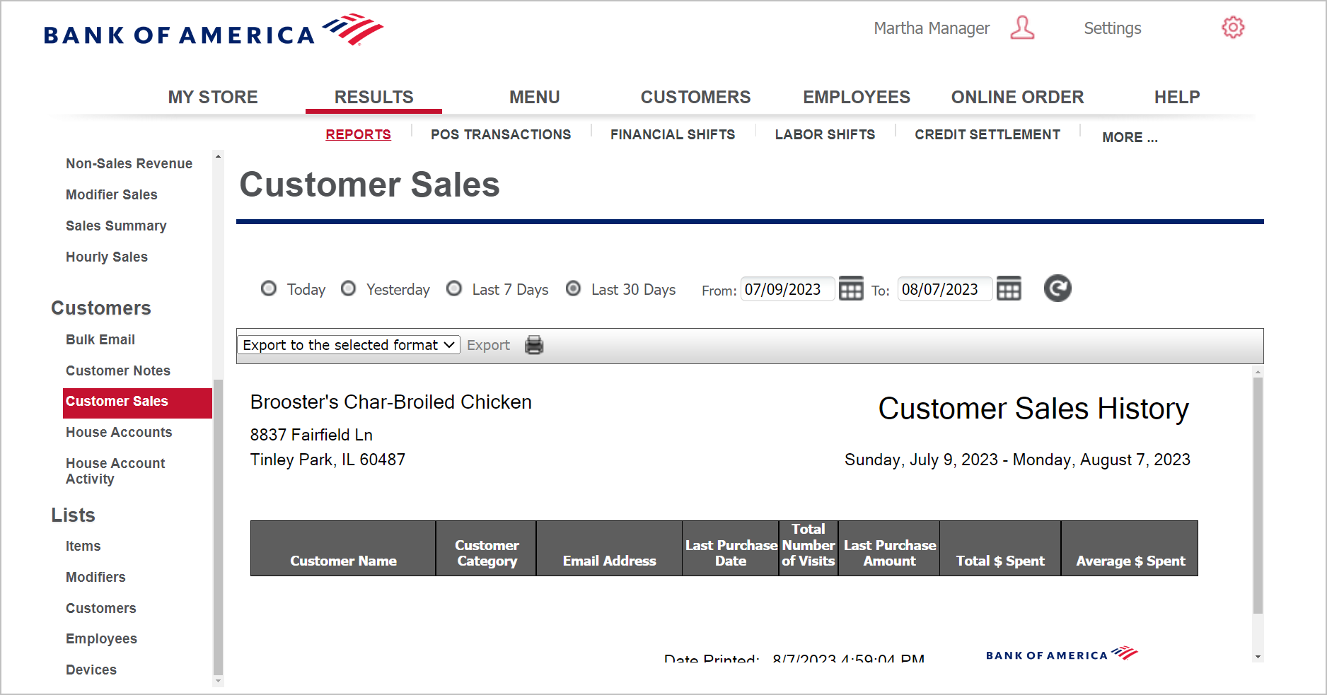 Customer Sales history screen