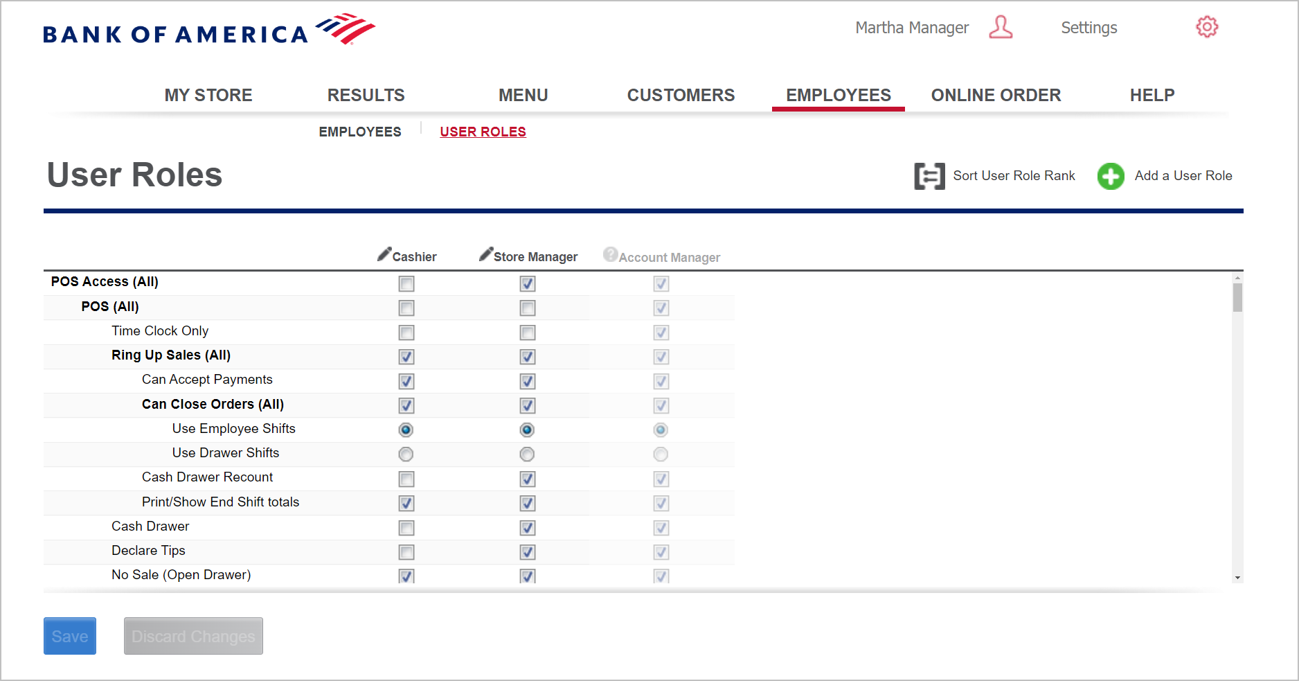 user roles screen in restaurant solution