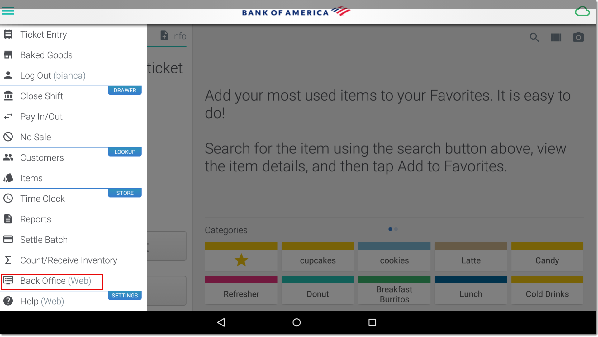 Image of the app menu highlighting the Back Office Web button.