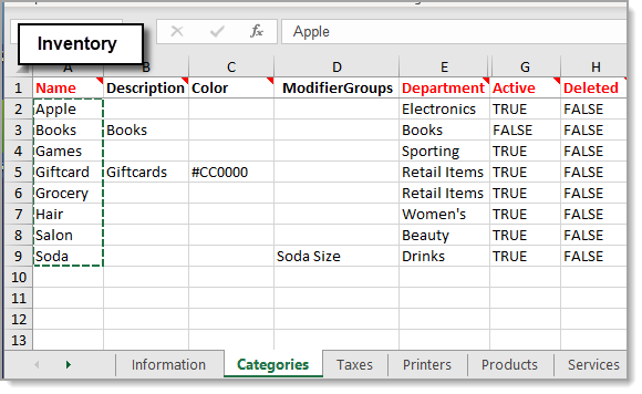 Name column highlighted in the inventory spreadsheet.
