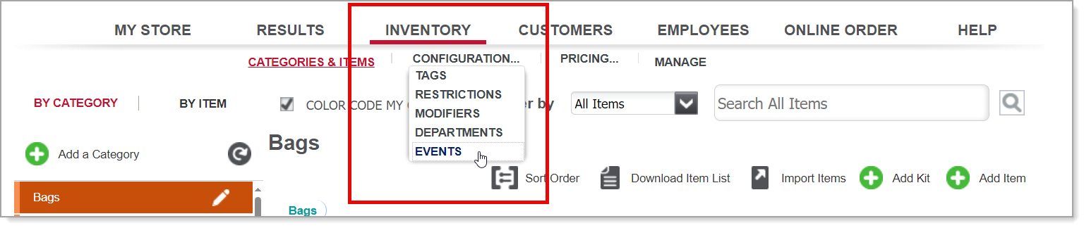 select events configuration