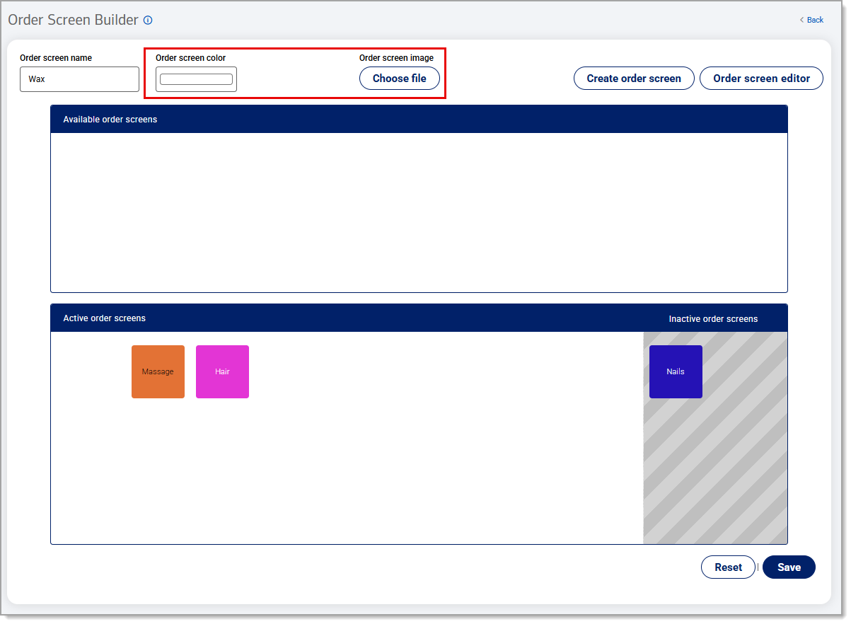 Order screen color and Order screen image highlighted under the Order Screen Builder.