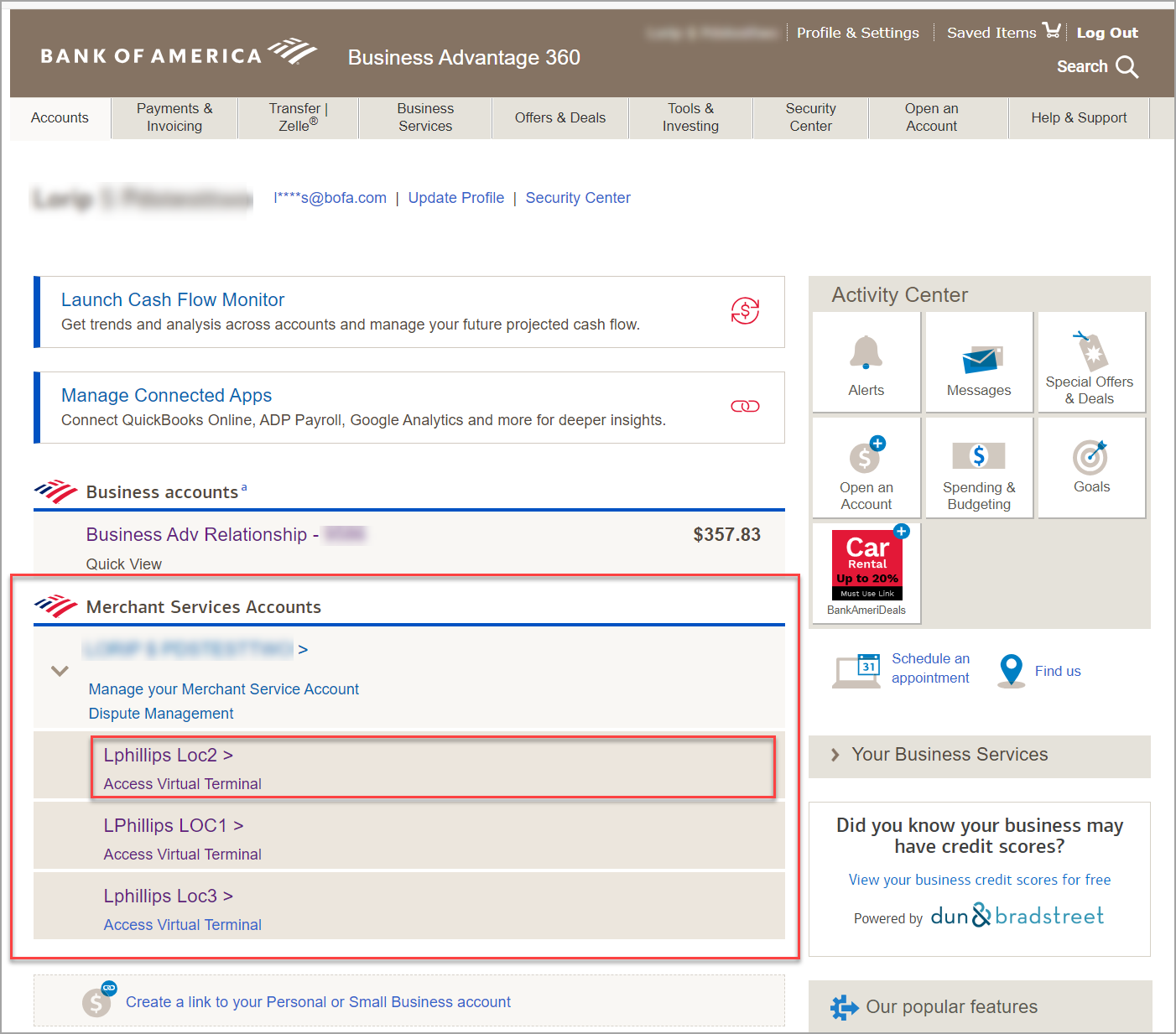Business advantage 360 account with Virtual Terminal option highlighted