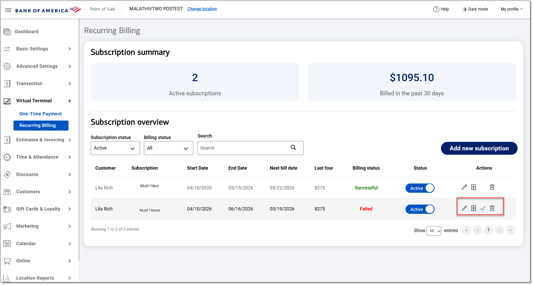 recurring billing with action options highlighted