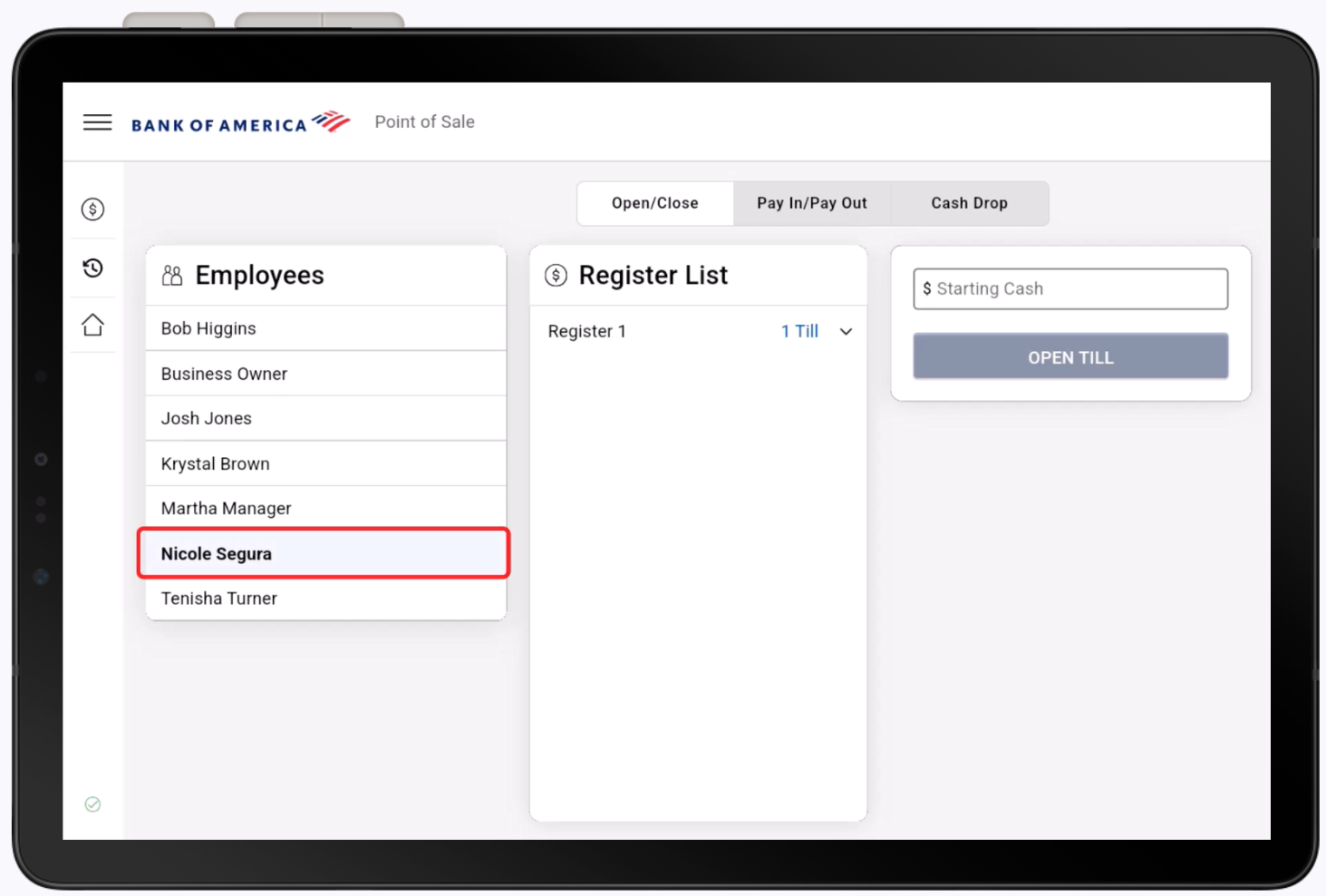 Employee highlighted under the Open Close tab.