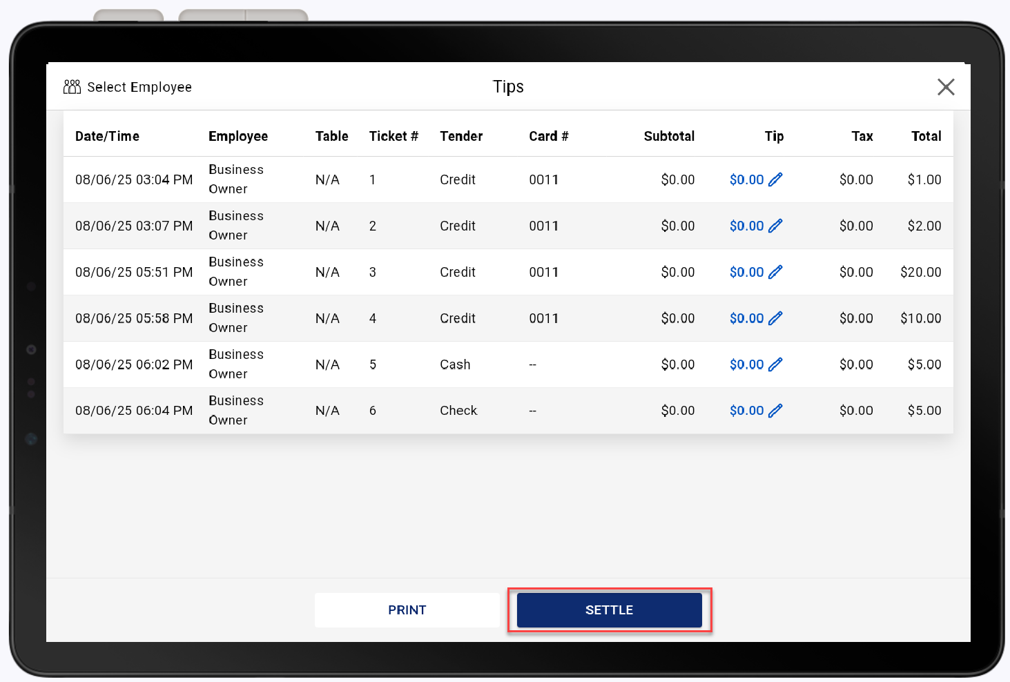 tips screen with settle button highlighted
