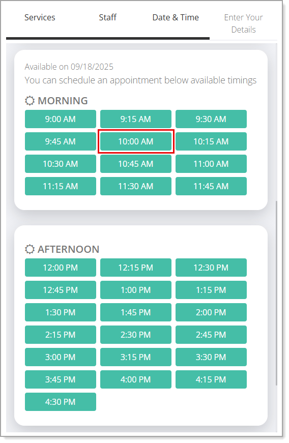 Calendar availability time slots on an Appointment site