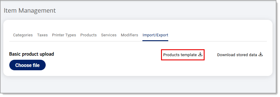 Products template button highlighted under the import/export tab of Item management.