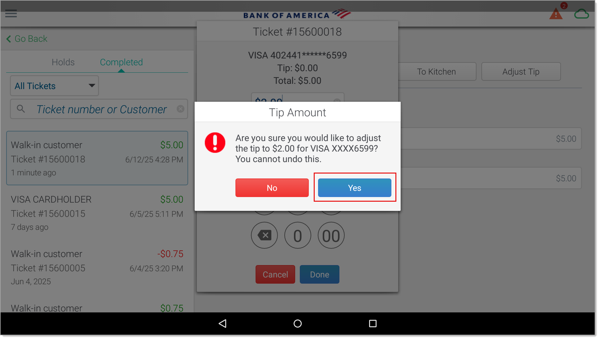 Tip decision confirmation with Yes highlighted