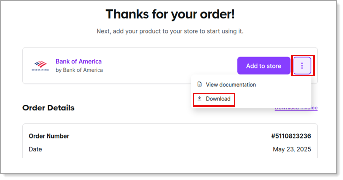 Order Confirmation page with the 3 dots menu icon and Download option highlighted