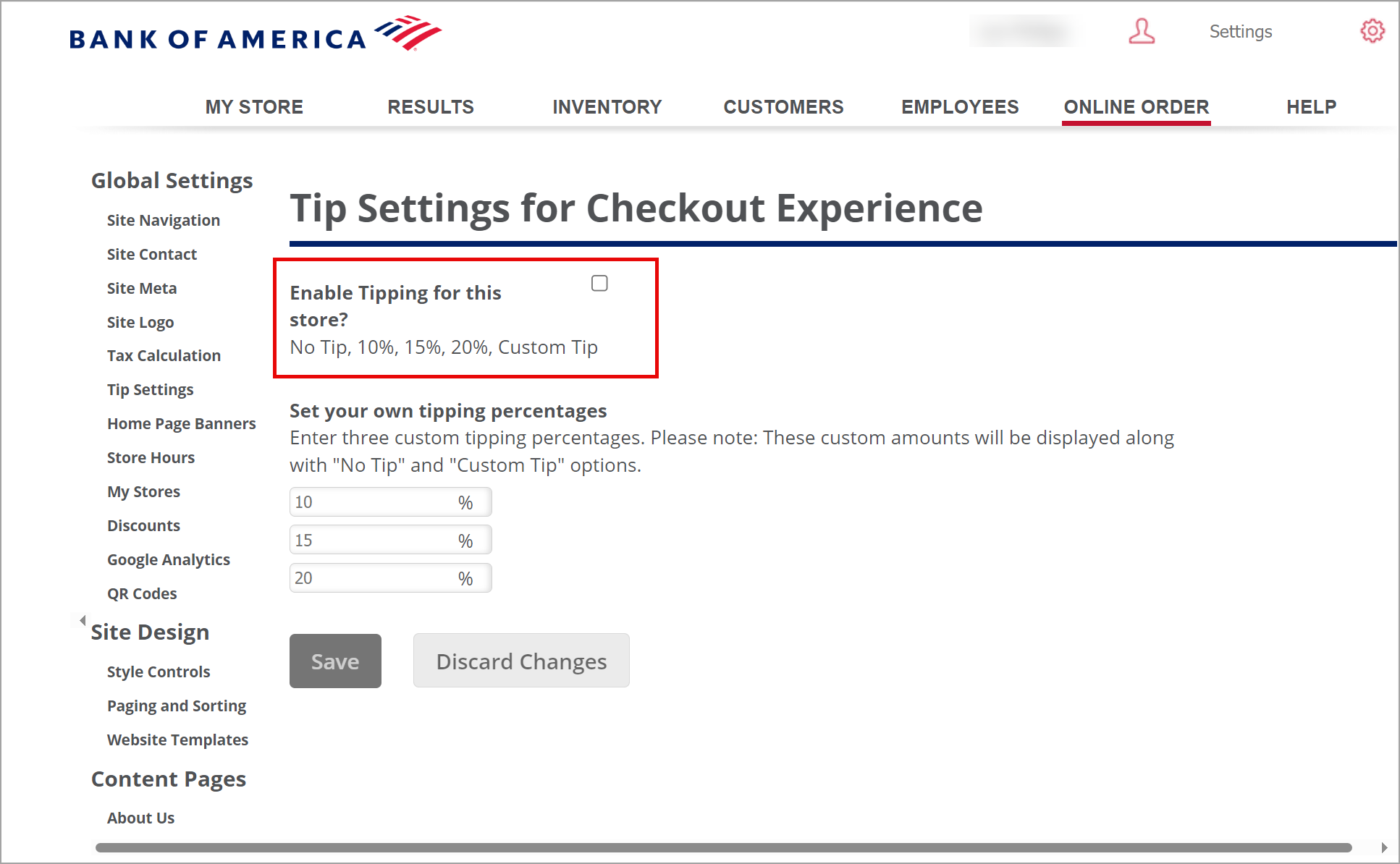 online ordering tip option selection