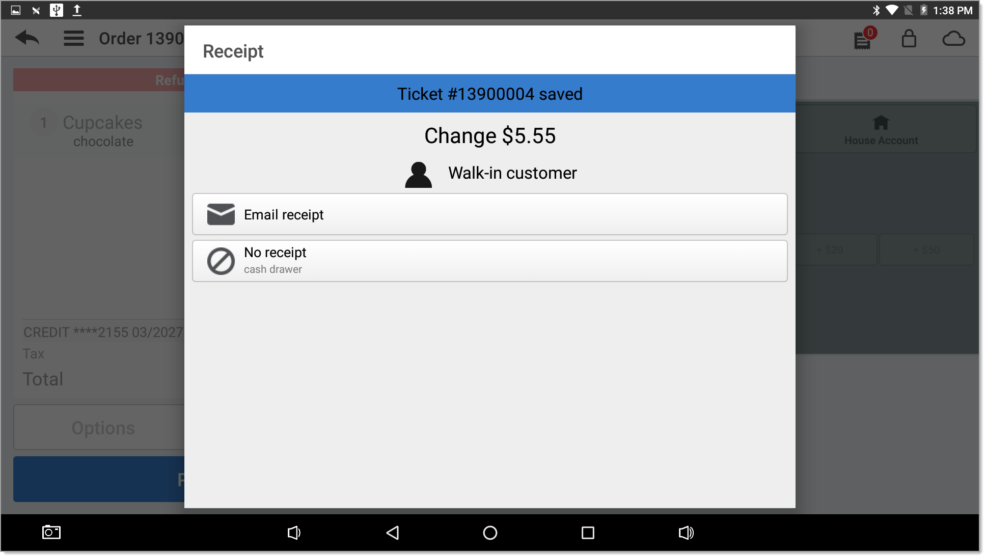 Receipt option pop up window