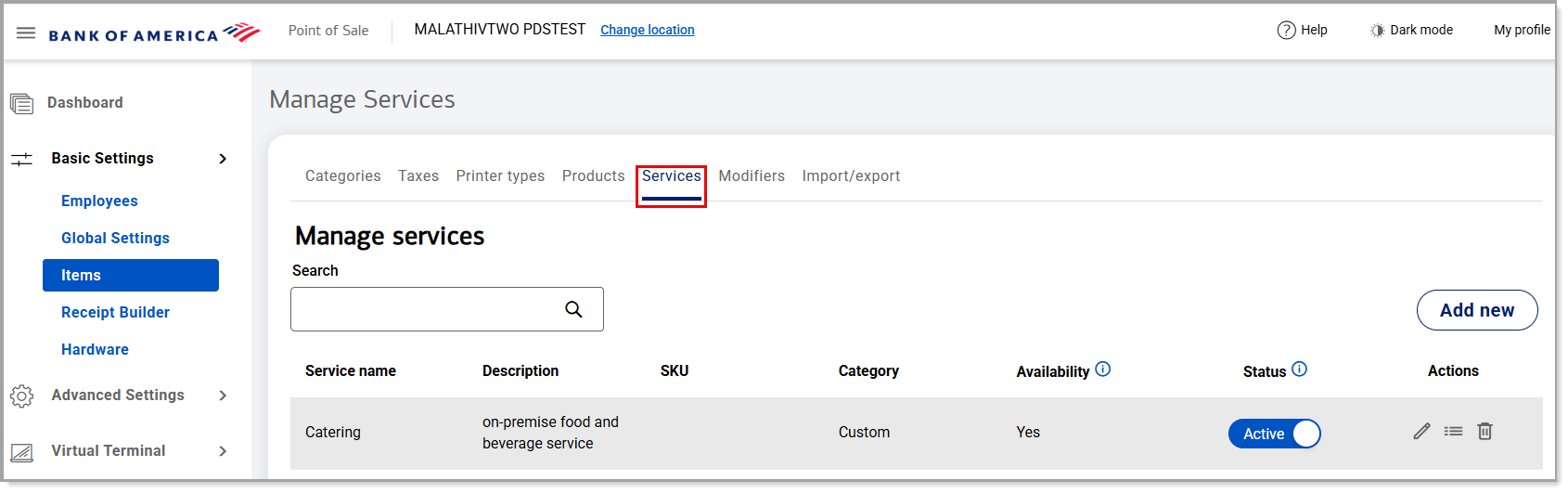 Basic Settings Items Services view