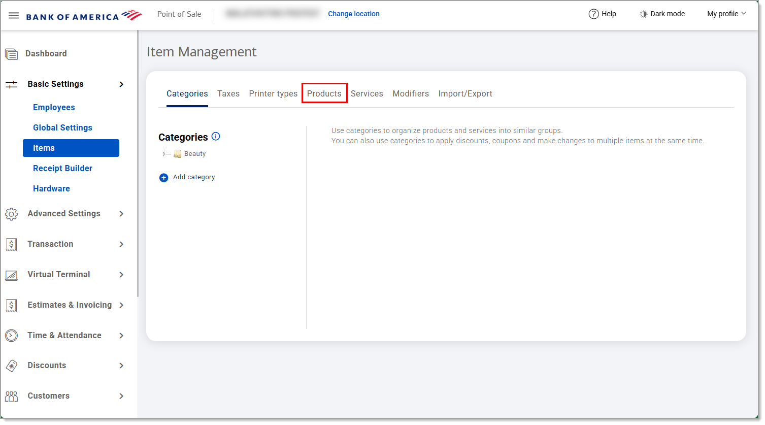Products tab highlighted in Item Management.