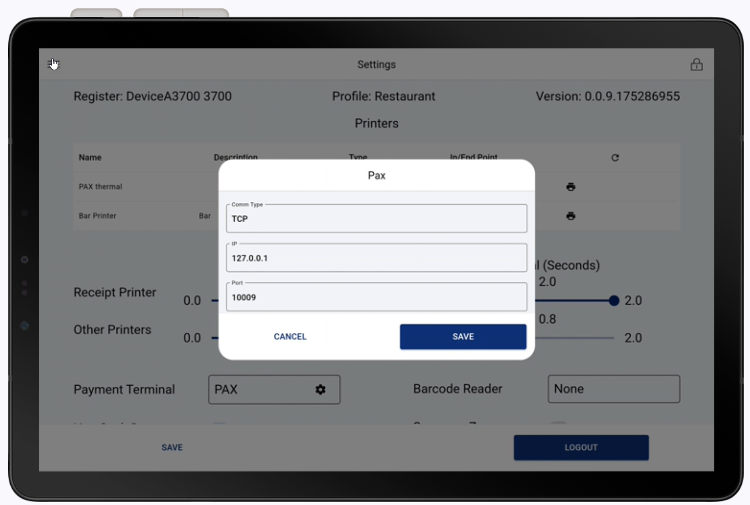 POS app Settings with Comm Type, IP and Port dialog box open