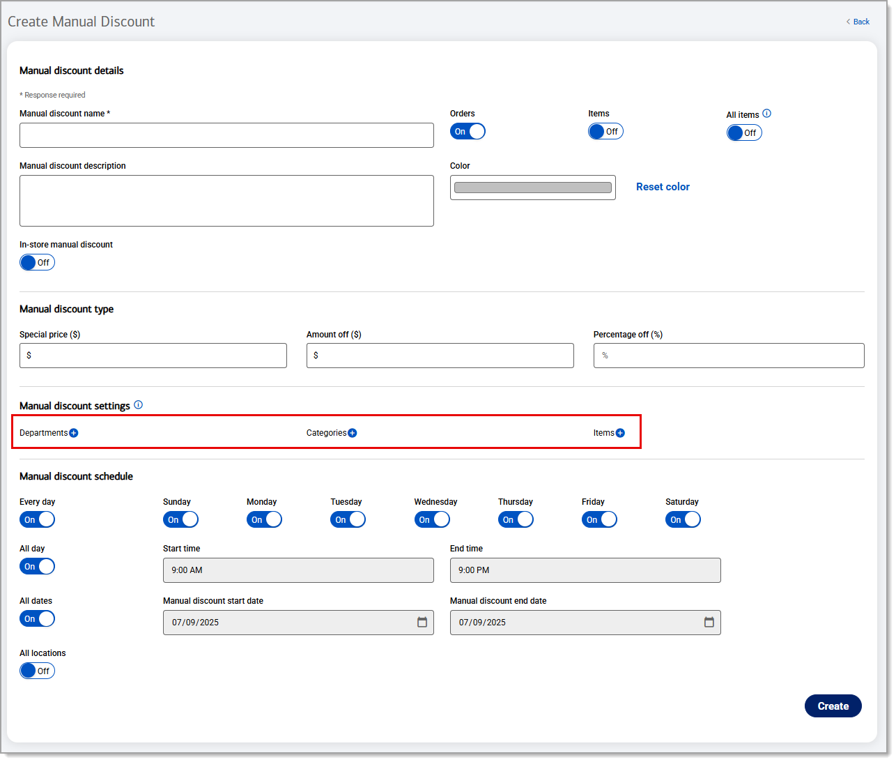 Manual discount setting options to add departments, categories, and or products.