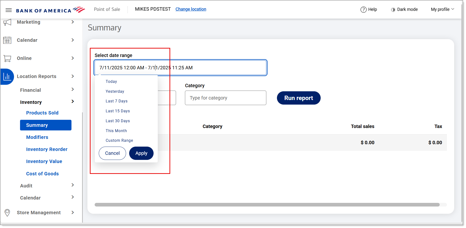 Select date range options