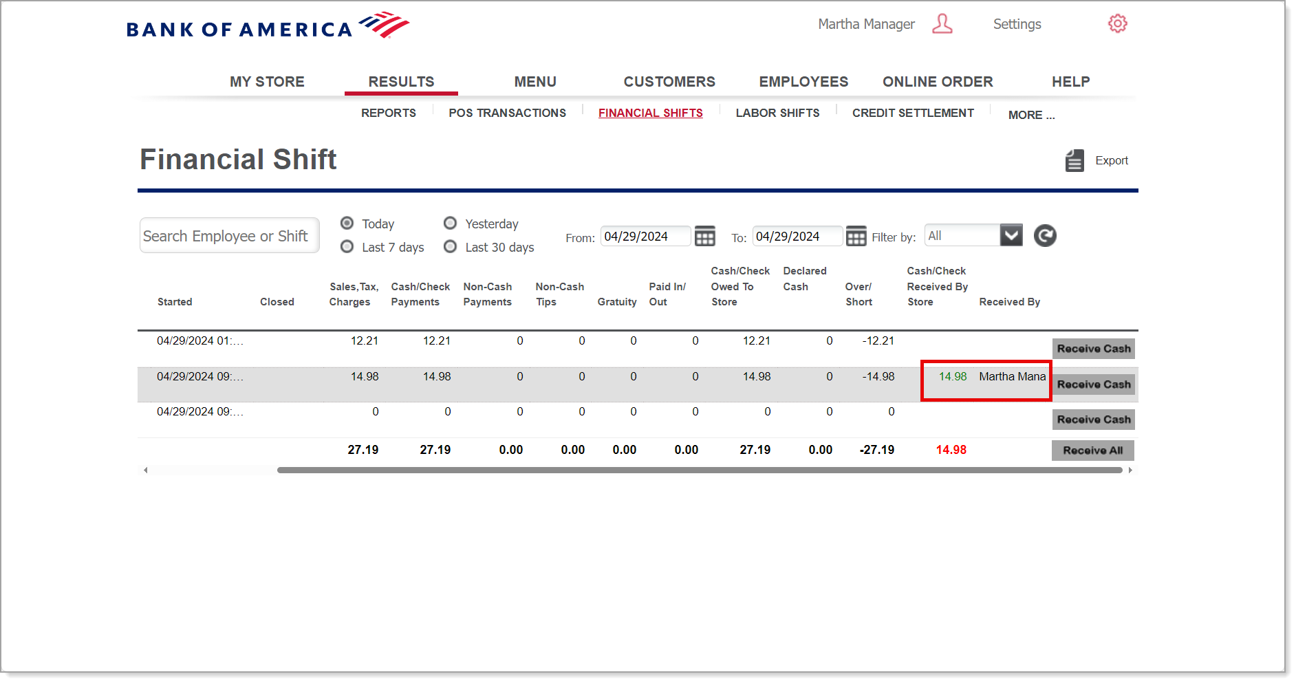 amount received will display with manager name