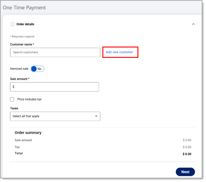 Add new customer highlighted under Order details.