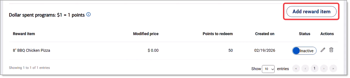 Add reward item button highlighted.