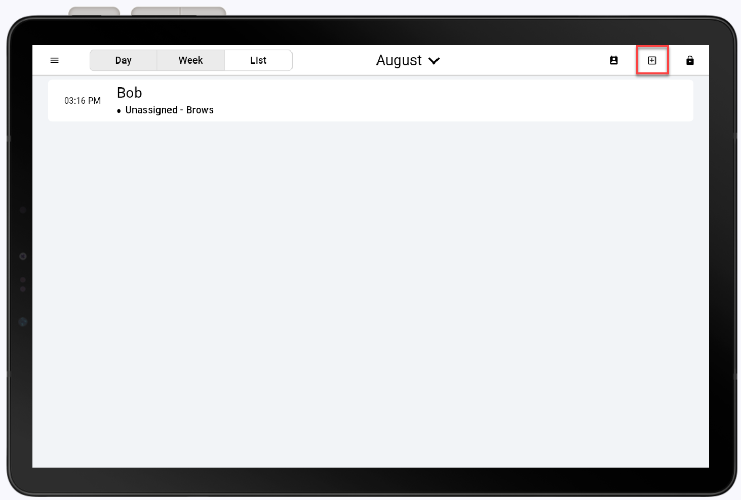 calendar list view with add icon in top right corner highlighted