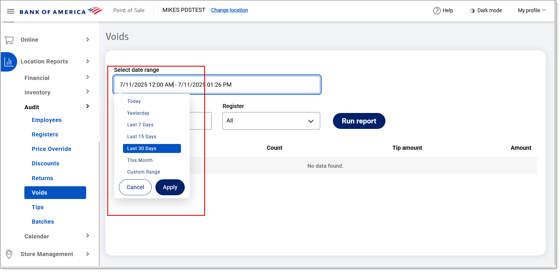 Voids report date range options