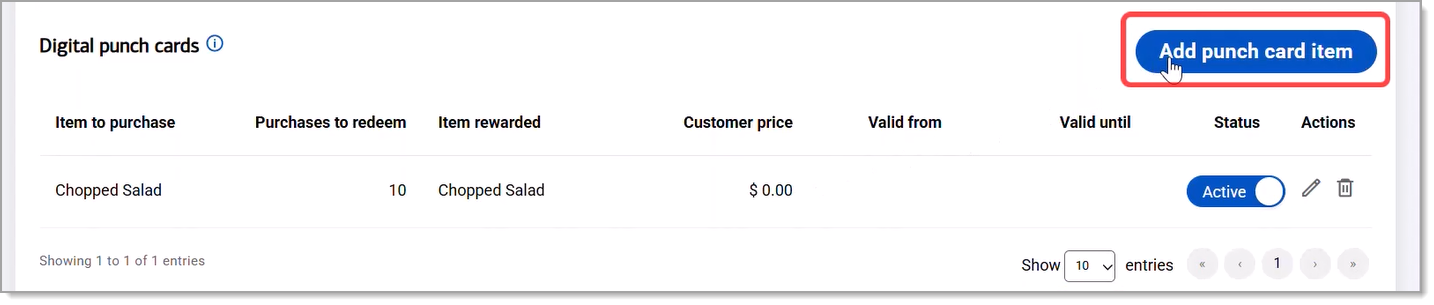 Add punch card item button highlighted.