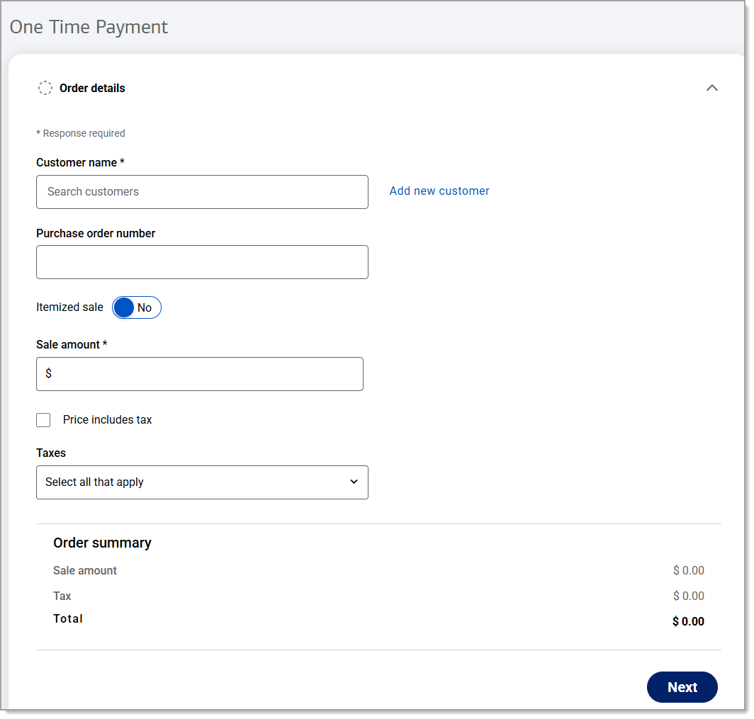 One Time Payment Order details section.