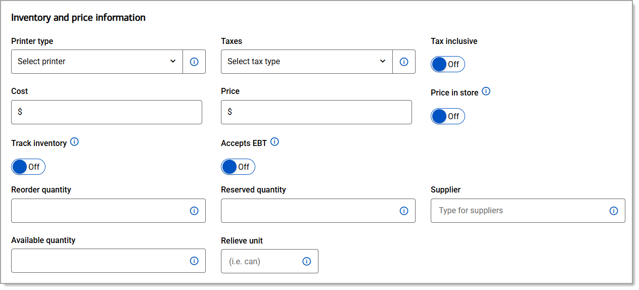 Inventory and price information form