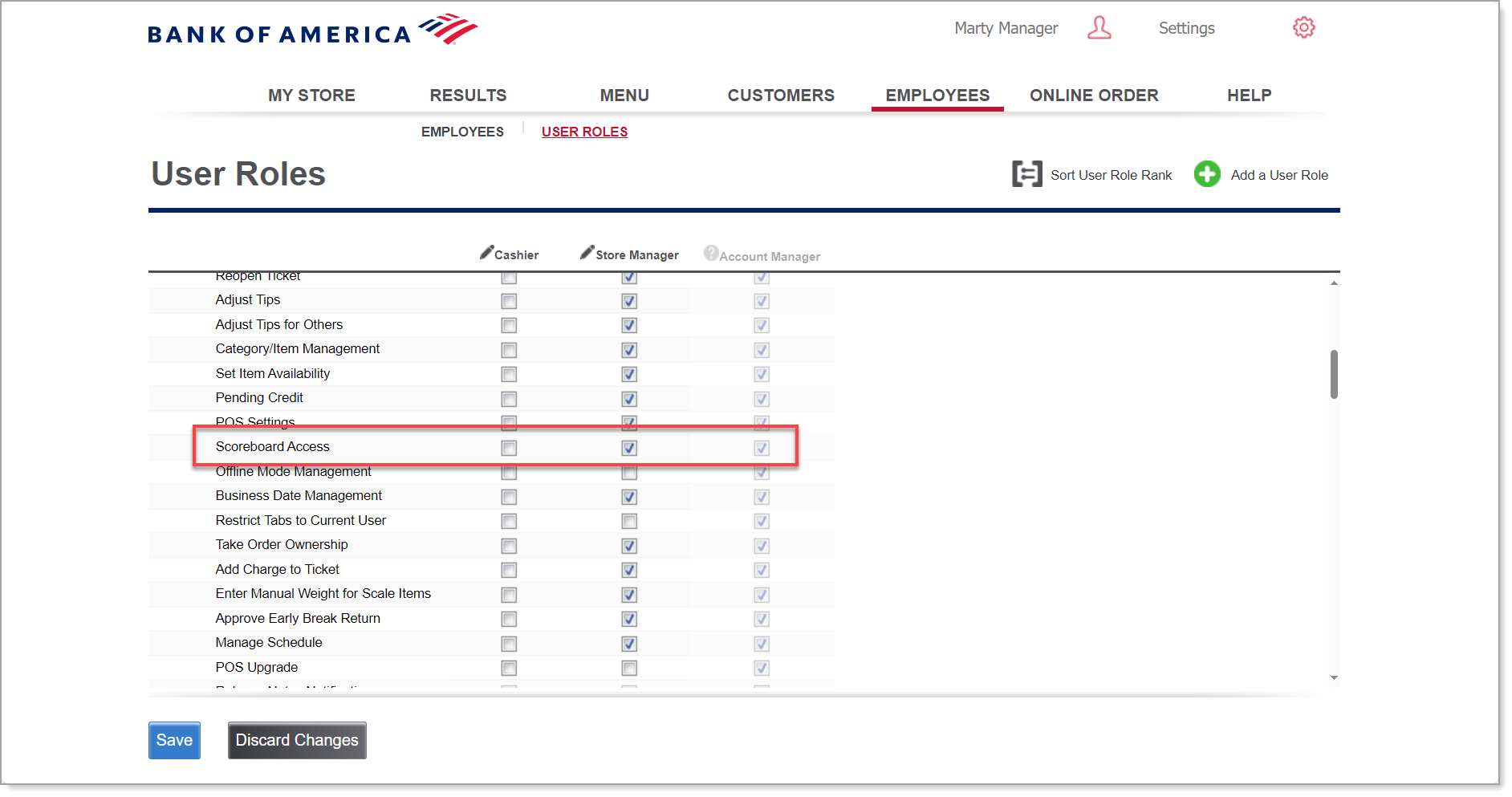 Back Office User Roles with Scoreboard access option highlighted