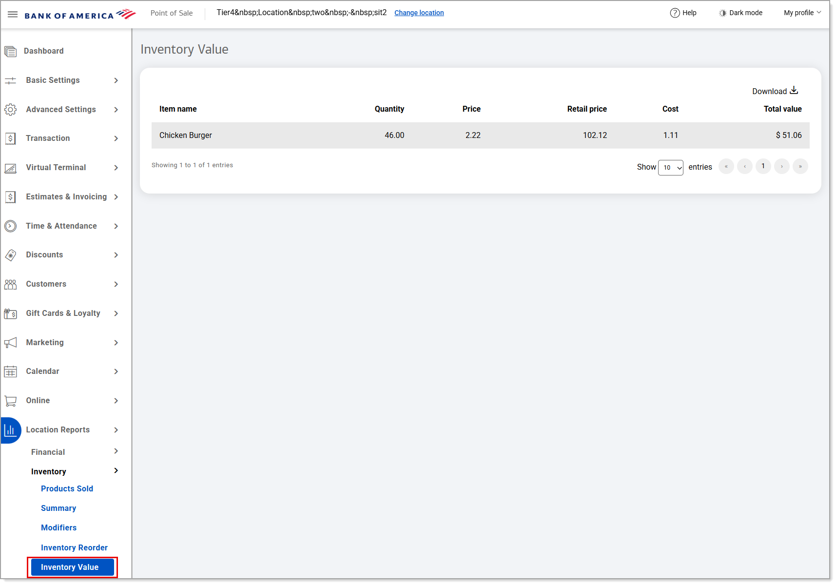 Inventory Value report menu option in the Back Office