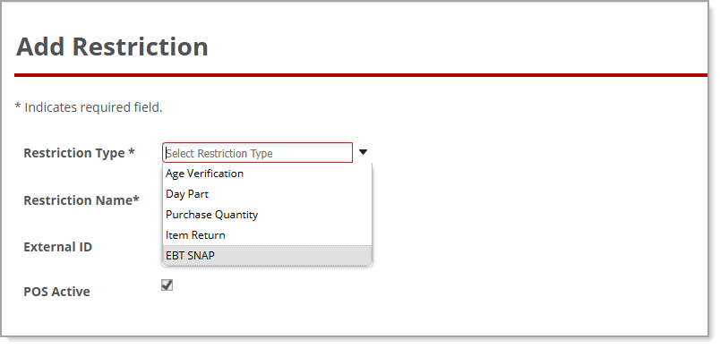 Restriction Type dropdown list