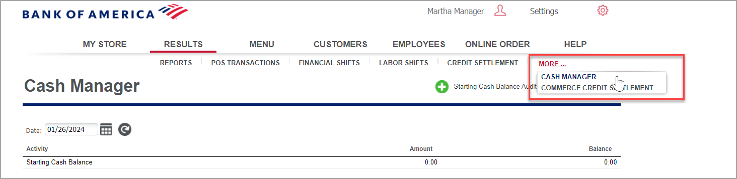 selecting cash management report