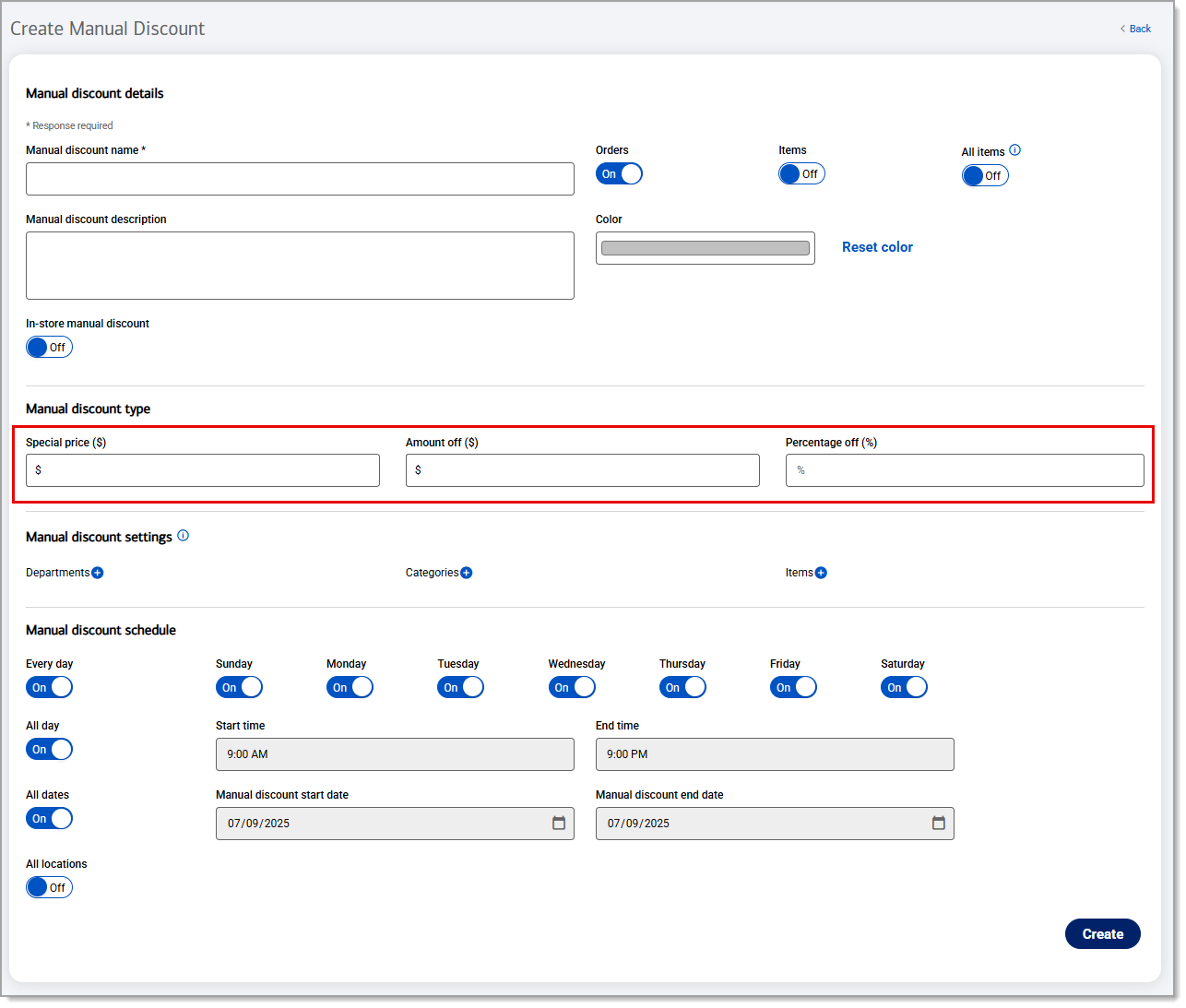Manual discount type fields highlighted to set special prices, amount off, or percentage off.