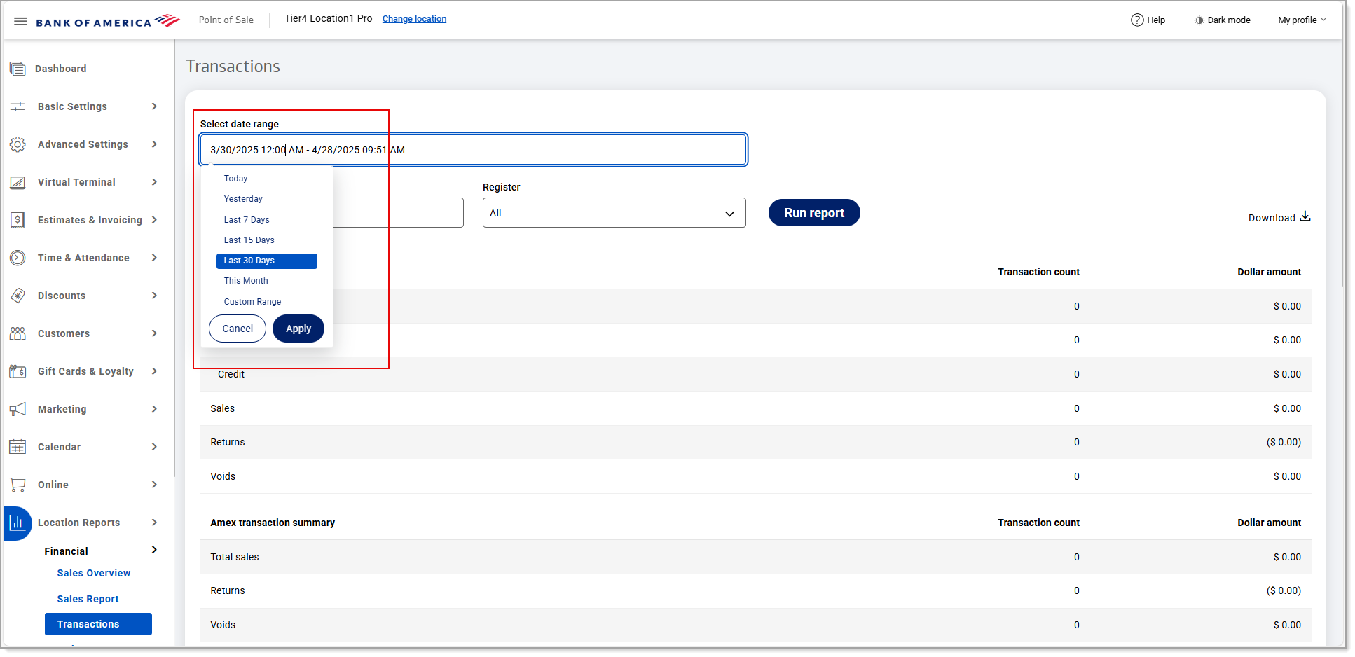 Date Range menu options