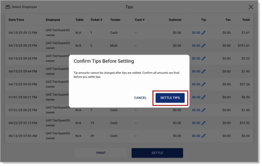 settle tips button highlighted in pop up to confirm tips before settling.
