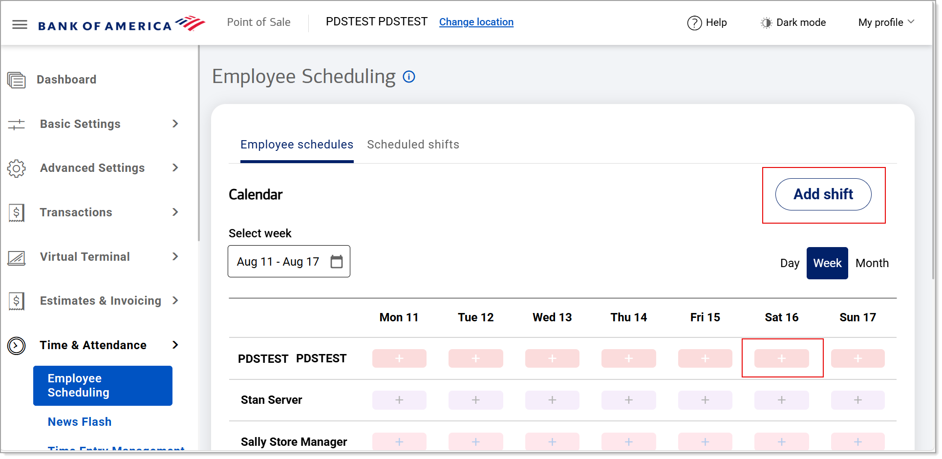 Options to add a shift for an employee