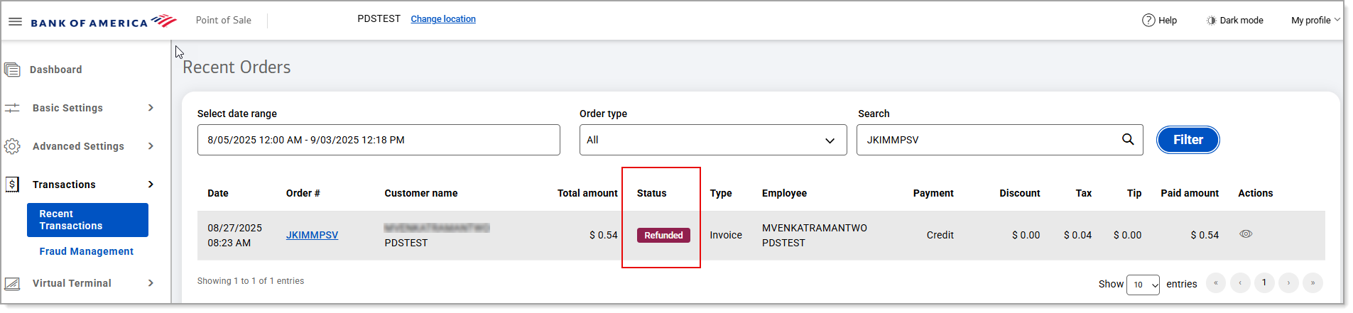 Refunded status in Recent Orders view