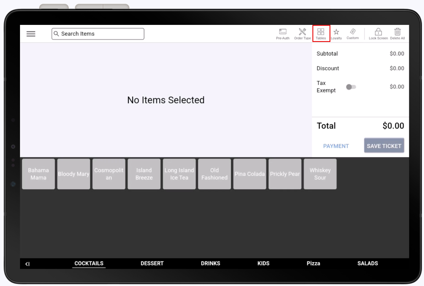 Tables highlighted on Orders screen.