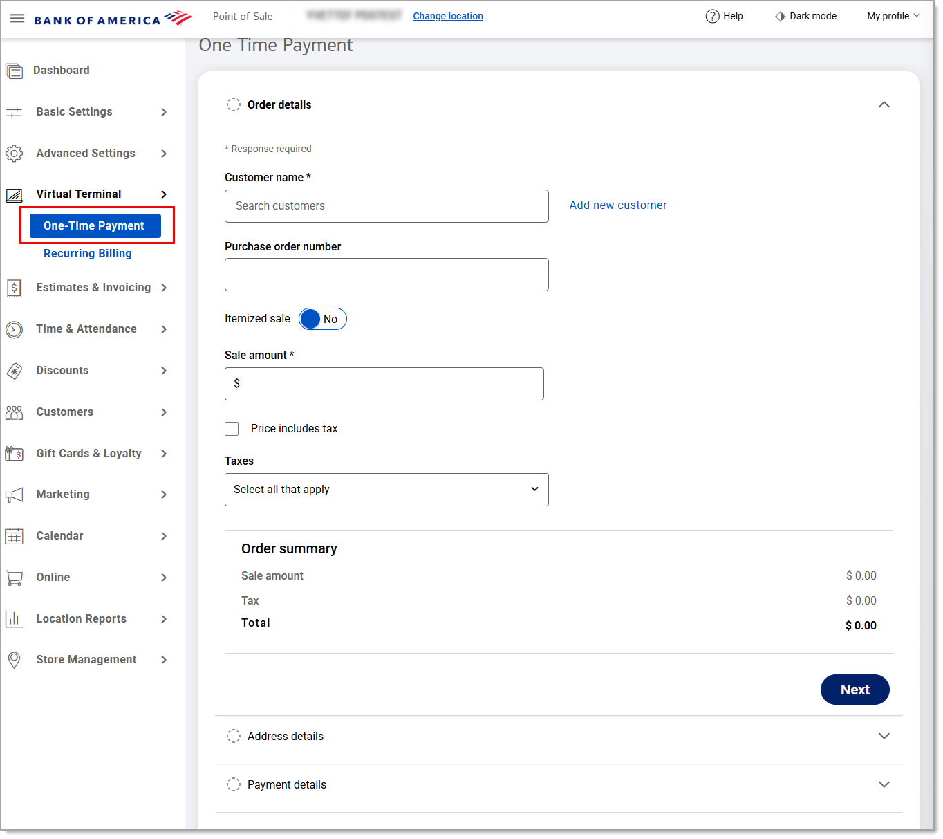 Order details screen under One-Time Payment.