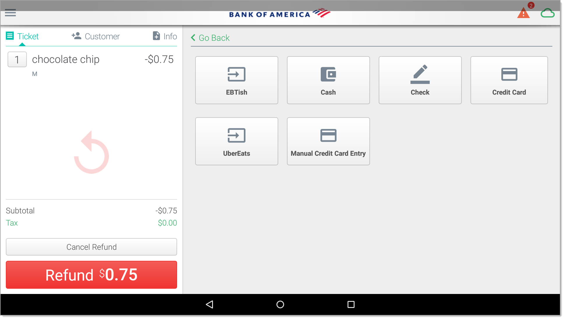 Refund options including EBTish, cash, check, credit card, UberEats, and manual credit card entry