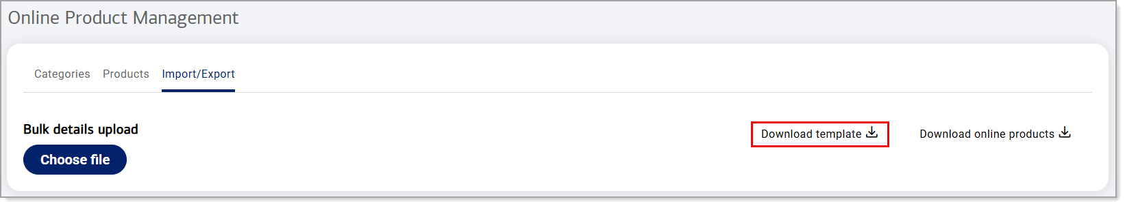 Download template link on the Online Items Import/Export tab