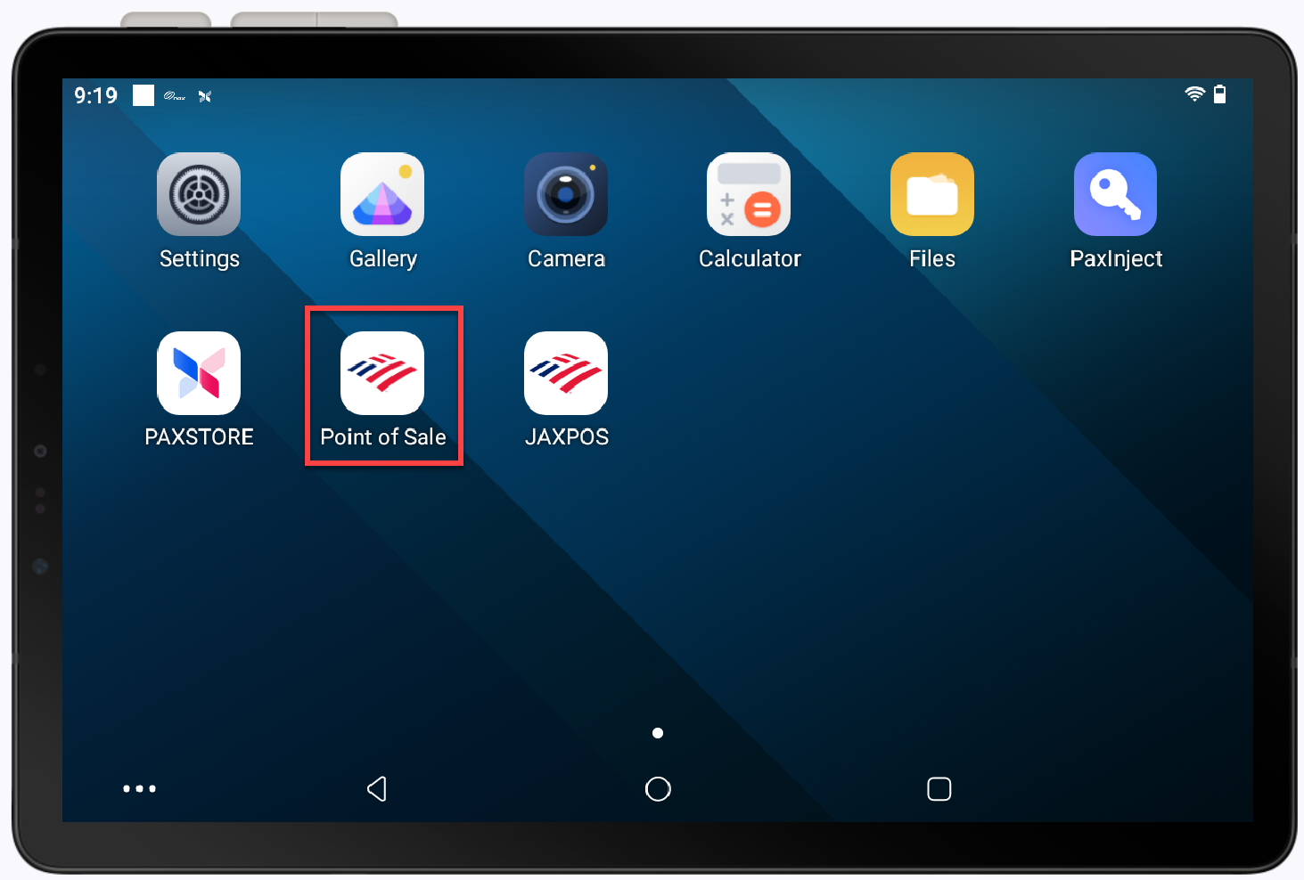 Terminal device home screen displaying all apps with POS app highlighted.