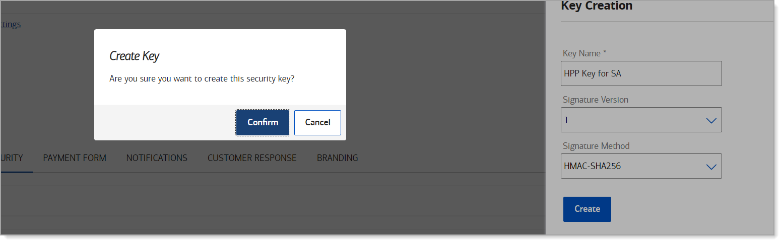 Click Confirm to create the new security key