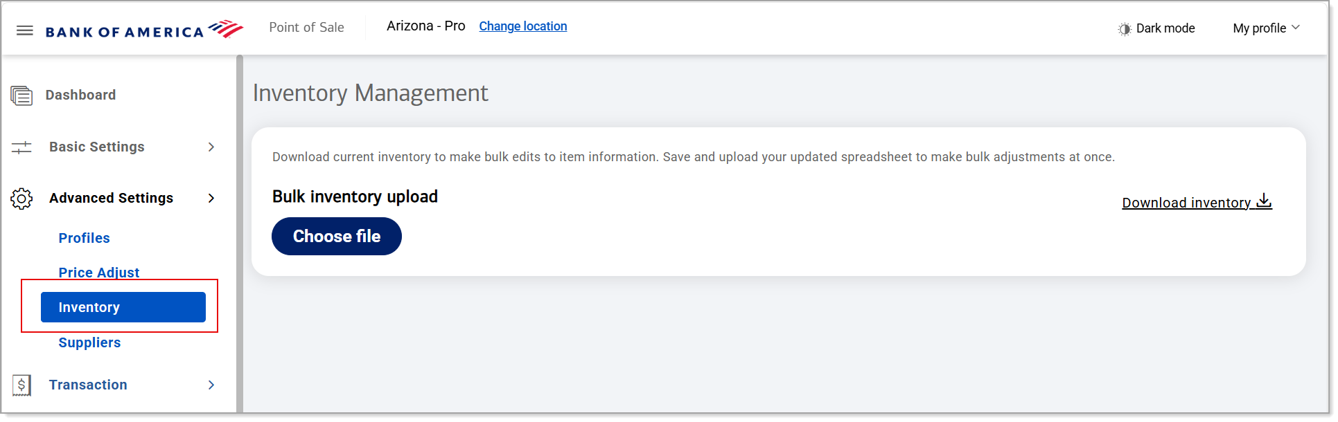 Inventory option in Advanced Settings dropdown