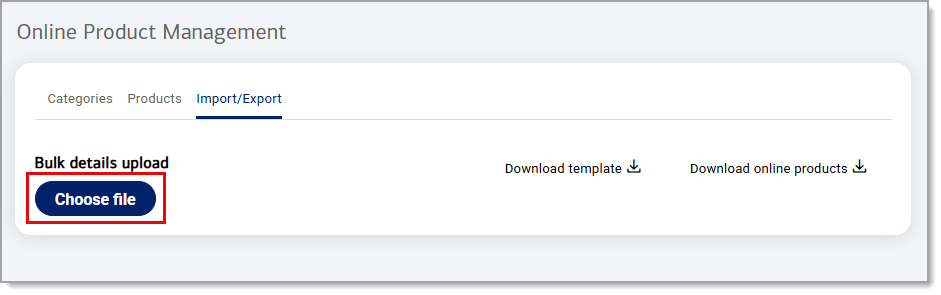 Choose file button highlighted under Import/Export of Online Product Management.